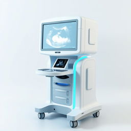 A large and tall ultrasound machine without buttons, featuring a big, clear display screen