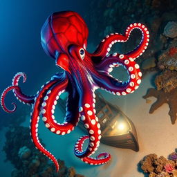 A stunning hybrid octopus displays vibrant red-and-blue webbed skin reminiscent of Spider-Man, its glowing tentacles gracefully wrapping around a mysterious sunken ship on the ocean floor