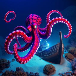 A stunning hybrid octopus displays vibrant red-and-blue webbed skin reminiscent of Spider-Man, its glowing tentacles gracefully wrapping around a mysterious sunken ship on the ocean floor