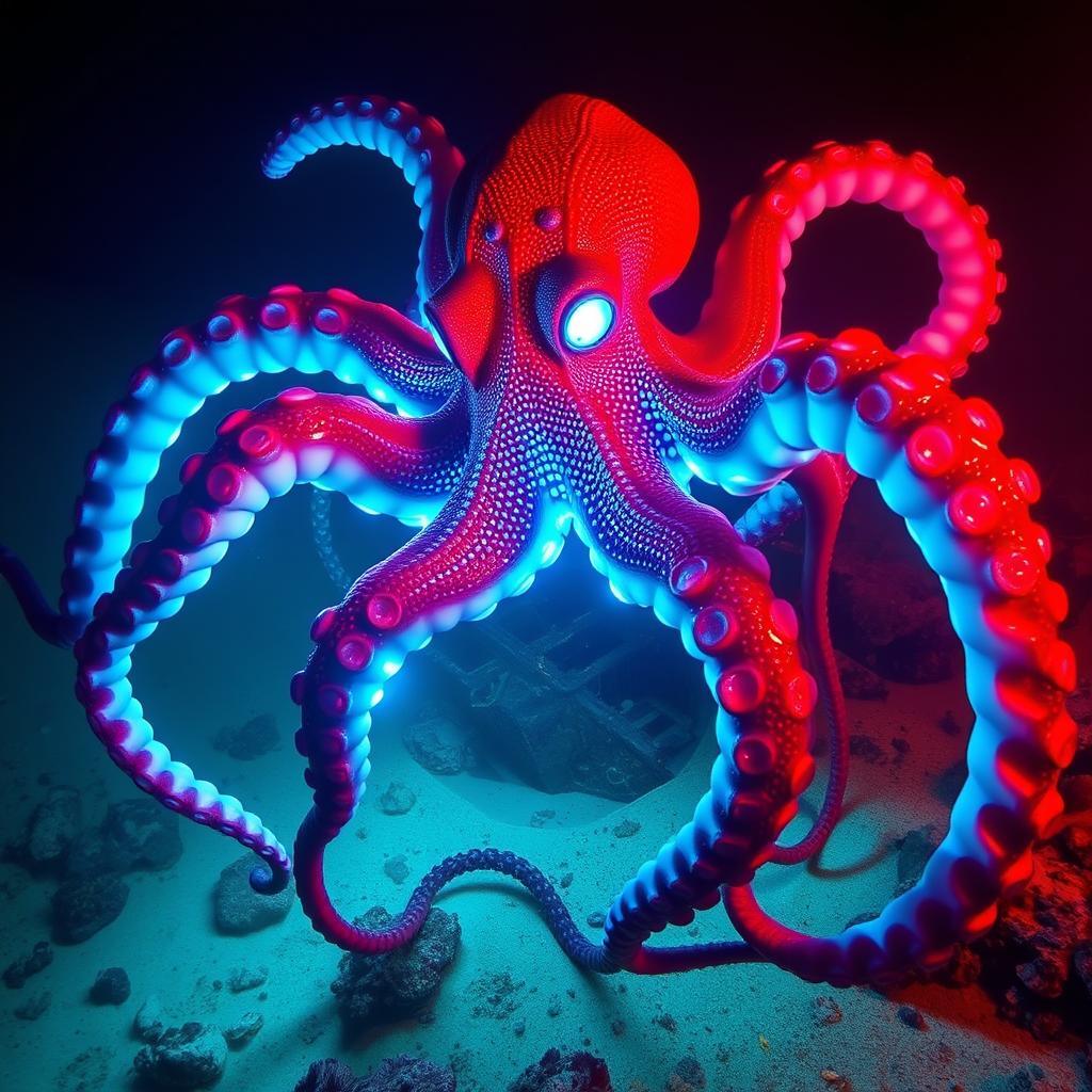 A stunning hybrid octopus displays vibrant red-and-blue webbed skin reminiscent of Spider-Man, its glowing tentacles gracefully wrapping around a mysterious sunken ship on the ocean floor