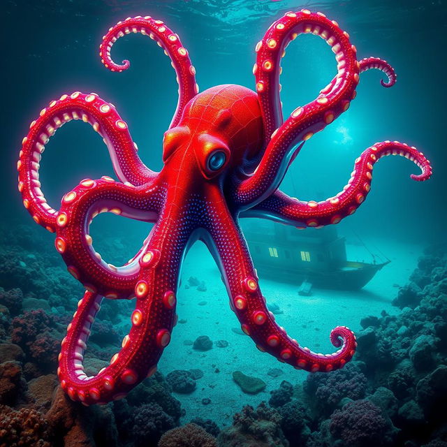 A stunning hybrid octopus displays vibrant red-and-blue webbed skin reminiscent of Spider-Man, its glowing tentacles gracefully wrapping around a mysterious sunken ship on the ocean floor