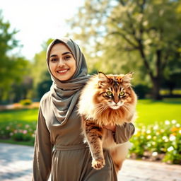 A Muslim woman with a clear face, depicted walking confidently and joyfully in the foreground, accompanied by a large, majestic cat