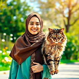 A Muslim woman with a clear face, depicted walking confidently and joyfully in the foreground, accompanied by a large, majestic cat