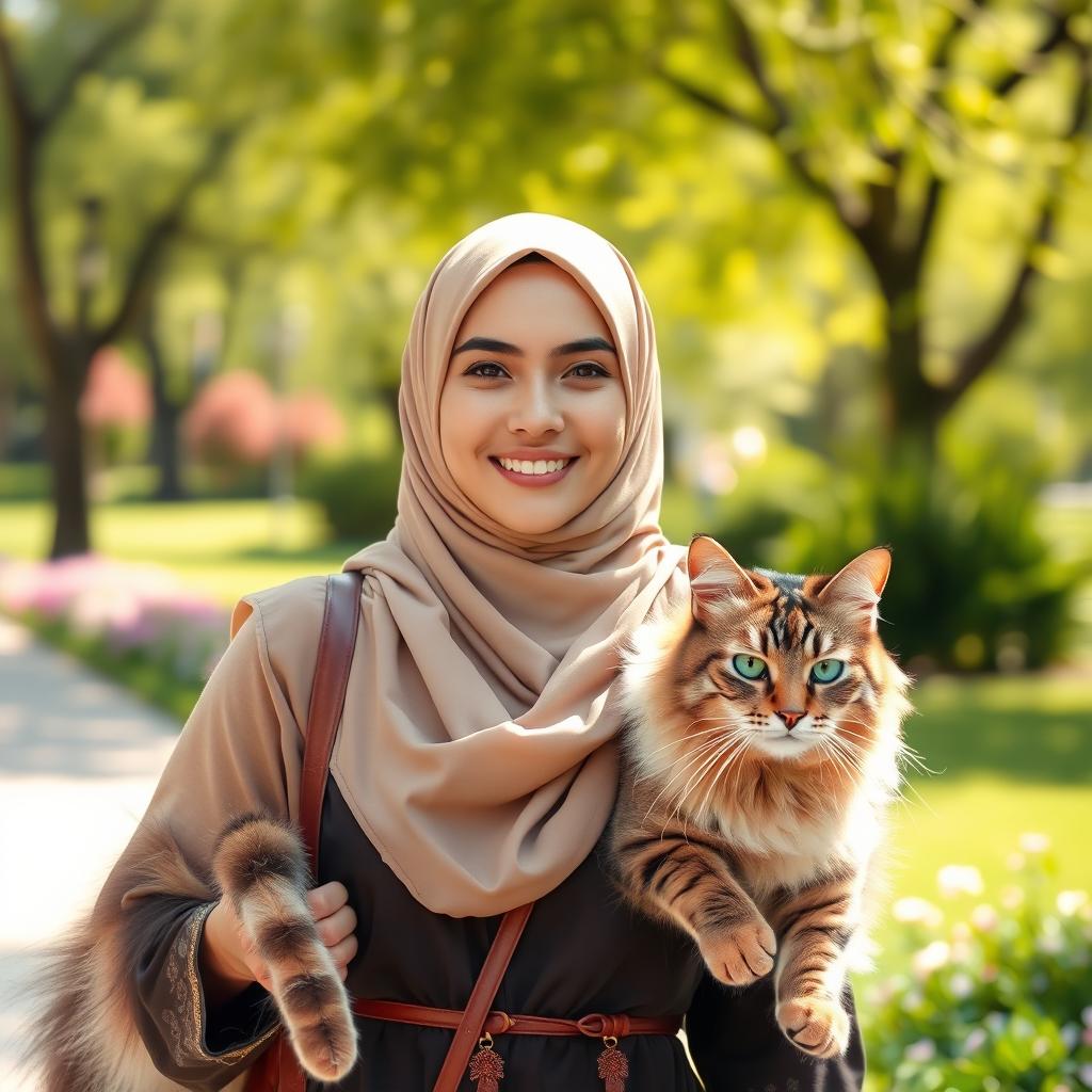 A Muslim woman with a clear face, depicted walking confidently and joyfully in the foreground, accompanied by a large, majestic cat