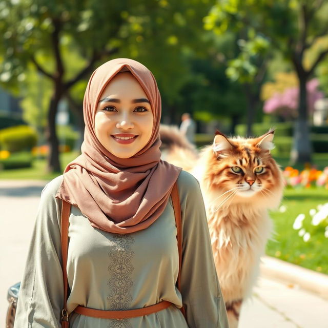 A Muslim woman with a clear face, depicted walking confidently and joyfully in the foreground, accompanied by a large, majestic cat