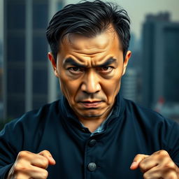 A powerful portrait of an angry Chinese man with a fierce expression