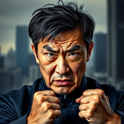 A powerful portrait of an angry Chinese man with a fierce expression