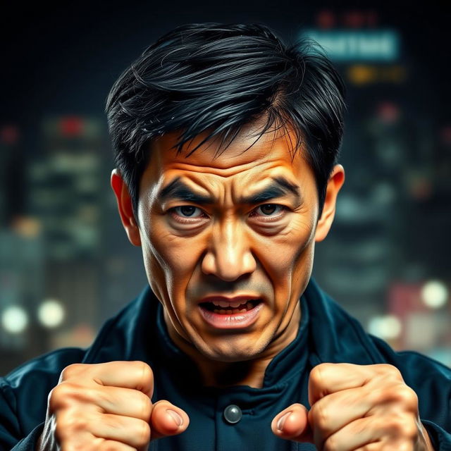 A powerful portrait of an angry Chinese man with a fierce expression