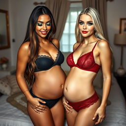 Two beautiful well-fed girls in a cozy bedroom, happily comparing each other's early baby bumps