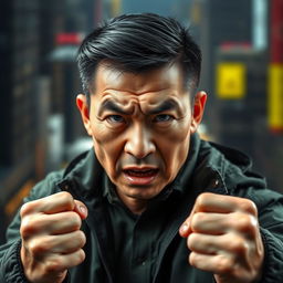A striking image of an angry Chinese man with a fierce and determined expression
