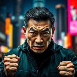 A striking image of an angry Chinese man with a fierce and determined expression