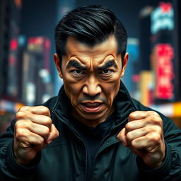 A striking image of an angry Chinese man with a fierce and determined expression