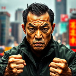 A striking image of an angry Chinese man with a fierce and determined expression