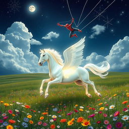 A magnificent glowing white Pegasus gallops gracefully through a lush, vibrant meadow filled with colorful wildflowers, its ethereal mane flowing in the wind