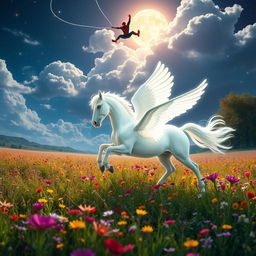 A magnificent glowing white Pegasus gallops gracefully through a lush, vibrant meadow filled with colorful wildflowers, its ethereal mane flowing in the wind