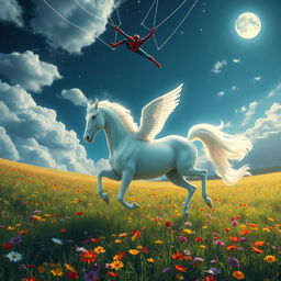 A magnificent glowing white Pegasus gallops gracefully through a lush, vibrant meadow filled with colorful wildflowers, its ethereal mane flowing in the wind