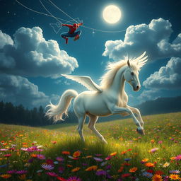 A magnificent glowing white Pegasus gallops gracefully through a lush, vibrant meadow filled with colorful wildflowers, its ethereal mane flowing in the wind