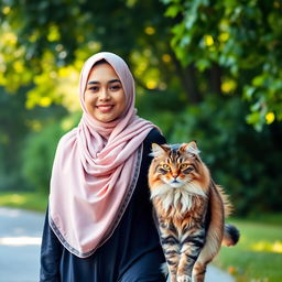 A clear front view of a Muslim woman wearing a beautiful hijab, walking with a large cat beside her