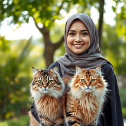A clear front view of a Muslim woman wearing a beautiful hijab, walking with a large cat beside her