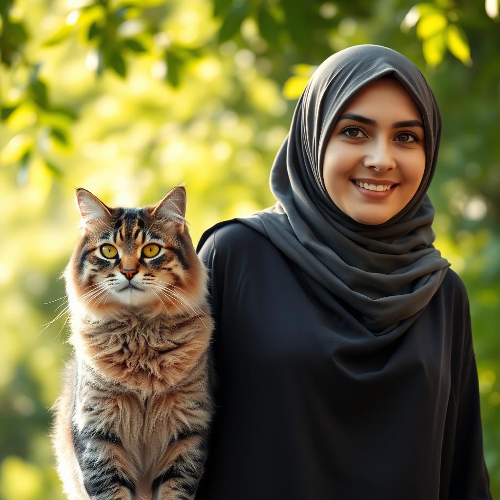 A clear front view of a Muslim woman wearing a beautiful hijab, walking with a large cat beside her