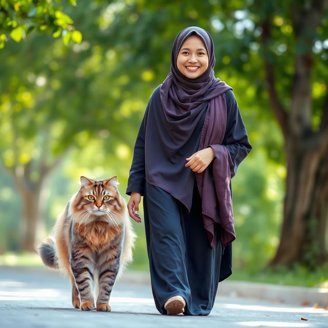 A clear front view of a Muslim woman wearing a beautiful hijab, walking with a large cat beside her