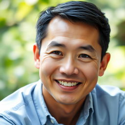 A serene portrait of a Chinese man with a friendly smile, showcasing his character