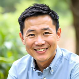 A serene portrait of a Chinese man with a friendly smile, showcasing his character