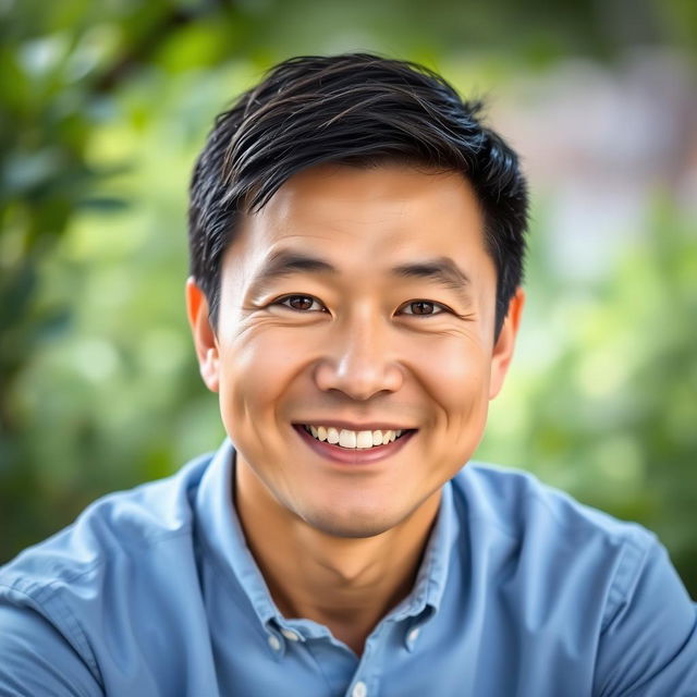 A serene portrait of a Chinese man with a friendly smile, showcasing his character