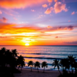 An abstract representation of a vibrant sunset over a calm ocean, with brilliant hues of orange, pink, and purple blending together in the sky, reflecting on the gentle waves