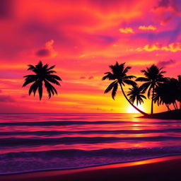 An abstract representation of a vibrant sunset over a calm ocean, with brilliant hues of orange, pink, and purple blending together in the sky, reflecting on the gentle waves