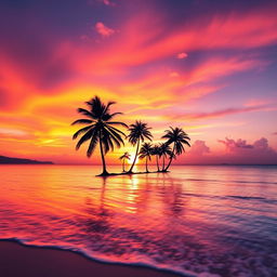 An abstract representation of a vibrant sunset over a calm ocean, with brilliant hues of orange, pink, and purple blending together in the sky, reflecting on the gentle waves