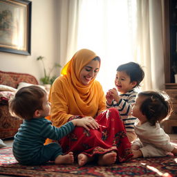A Muslim Iranian mother lovingly caring for her children, in a warm and inviting home setting
