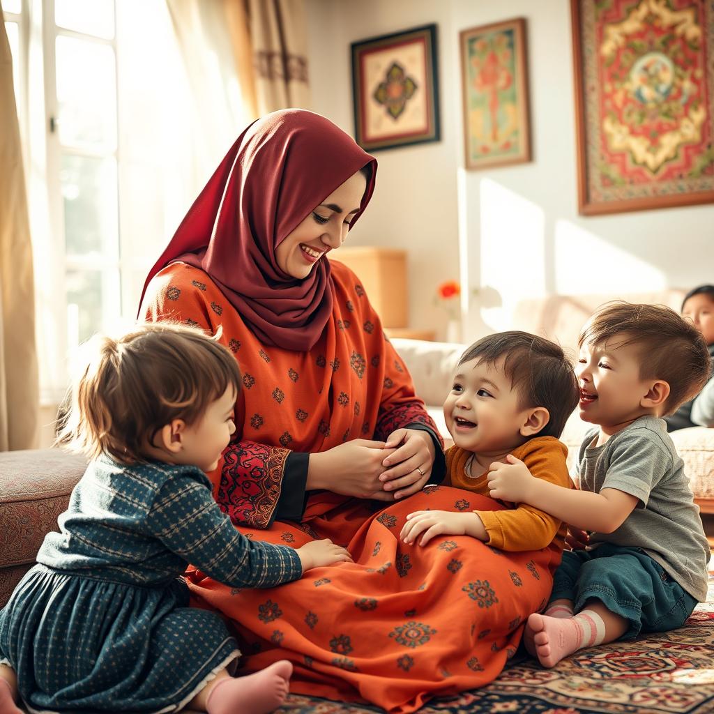 A Muslim Iranian mother lovingly caring for her children, in a warm and inviting home setting