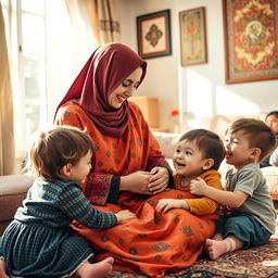 A Muslim Iranian mother lovingly caring for her children, in a warm and inviting home setting