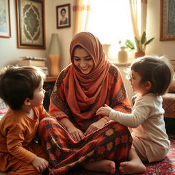 A Muslim Iranian mother lovingly caring for her children, in a warm and inviting home setting