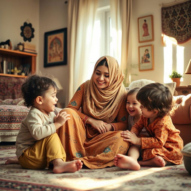 A Muslim Iranian mother lovingly caring for her children, in a warm and inviting home setting