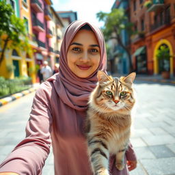 A Muslim woman with a clear face walking confidently in the foreground, similar to a close-up view as if on a video call, with a large cat by her side