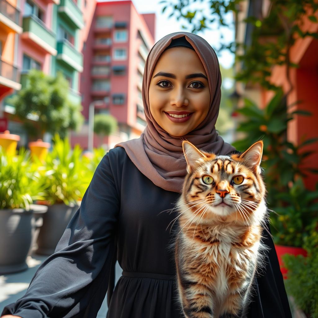 A Muslim woman with a clear face walking confidently in the foreground, similar to a close-up view as if on a video call, with a large cat by her side