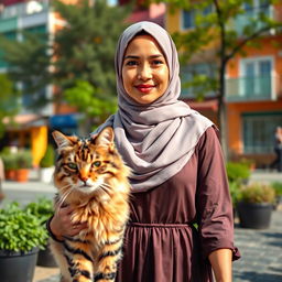 A Muslim woman with a clear face walking confidently in the foreground, similar to a close-up view as if on a video call, with a large cat by her side
