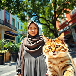 A Muslim woman with a clear face walking confidently in the foreground, similar to a close-up view as if on a video call, with a large cat by her side
