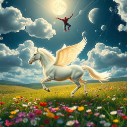 A magnificent glowing white Pegasus gallops gracefully through a lush, expansive meadow filled with colorful wildflowers, its ethereal mane flowing in the wind