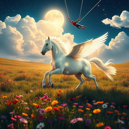 A magnificent glowing white Pegasus gallops gracefully through a lush, expansive meadow filled with colorful wildflowers, its ethereal mane flowing in the wind