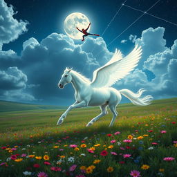 A magnificent glowing white Pegasus gallops gracefully through a lush, expansive meadow filled with colorful wildflowers, its ethereal mane flowing in the wind