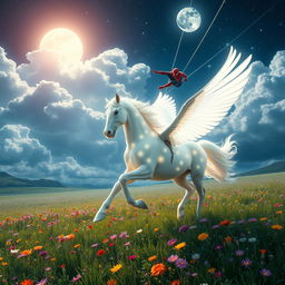 A magnificent glowing white Pegasus gallops gracefully through a lush, expansive meadow filled with colorful wildflowers, its ethereal mane flowing in the wind