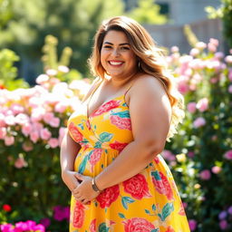 A confident and beautiful BBW (Big Beautiful Woman) exuding self-love and positivity, wearing a vibrant summer dress that highlights her figure