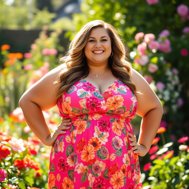 A confident and beautiful BBW (Big Beautiful Woman) exuding self-love and positivity, wearing a vibrant summer dress that highlights her figure