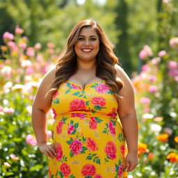 A confident and beautiful BBW (Big Beautiful Woman) exuding self-love and positivity, wearing a vibrant summer dress that highlights her figure