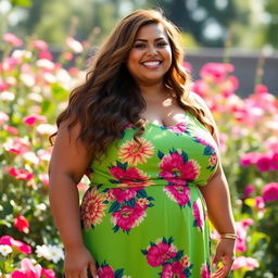 A confident and beautiful BBW (Big Beautiful Woman) exuding self-love and positivity, wearing a vibrant summer dress that highlights her figure