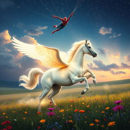 A magnificent glowing white Pegasus gallops dynamically through a vast, lush meadow filled with vibrant wildflowers, its ethereal mane flowing beautifully in the breeze