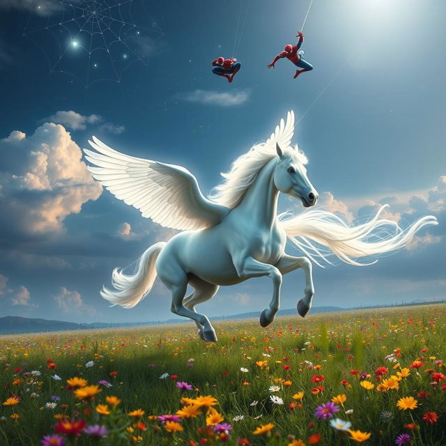 A magnificent glowing white Pegasus gallops dynamically through a vast, lush meadow filled with vibrant wildflowers, its ethereal mane flowing beautifully in the breeze